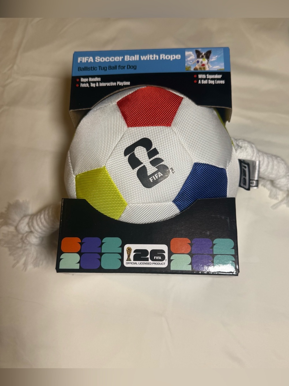 FIFA Multicolor Dog Tug Soccer Ball with Rope - White, Red, Blue, Yellow